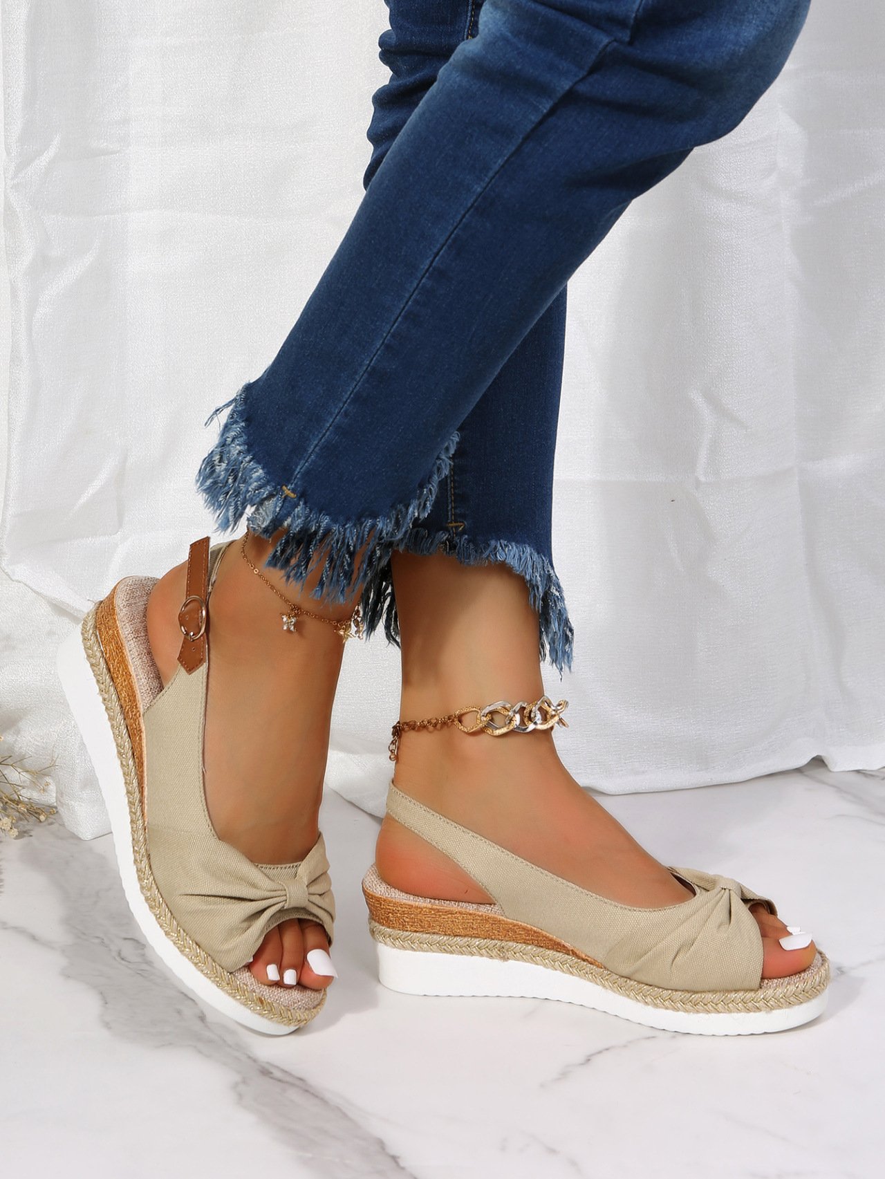 Women Summer Bow Weave Fish Mouth Non-Slip Block Heel Wedge Sandals
