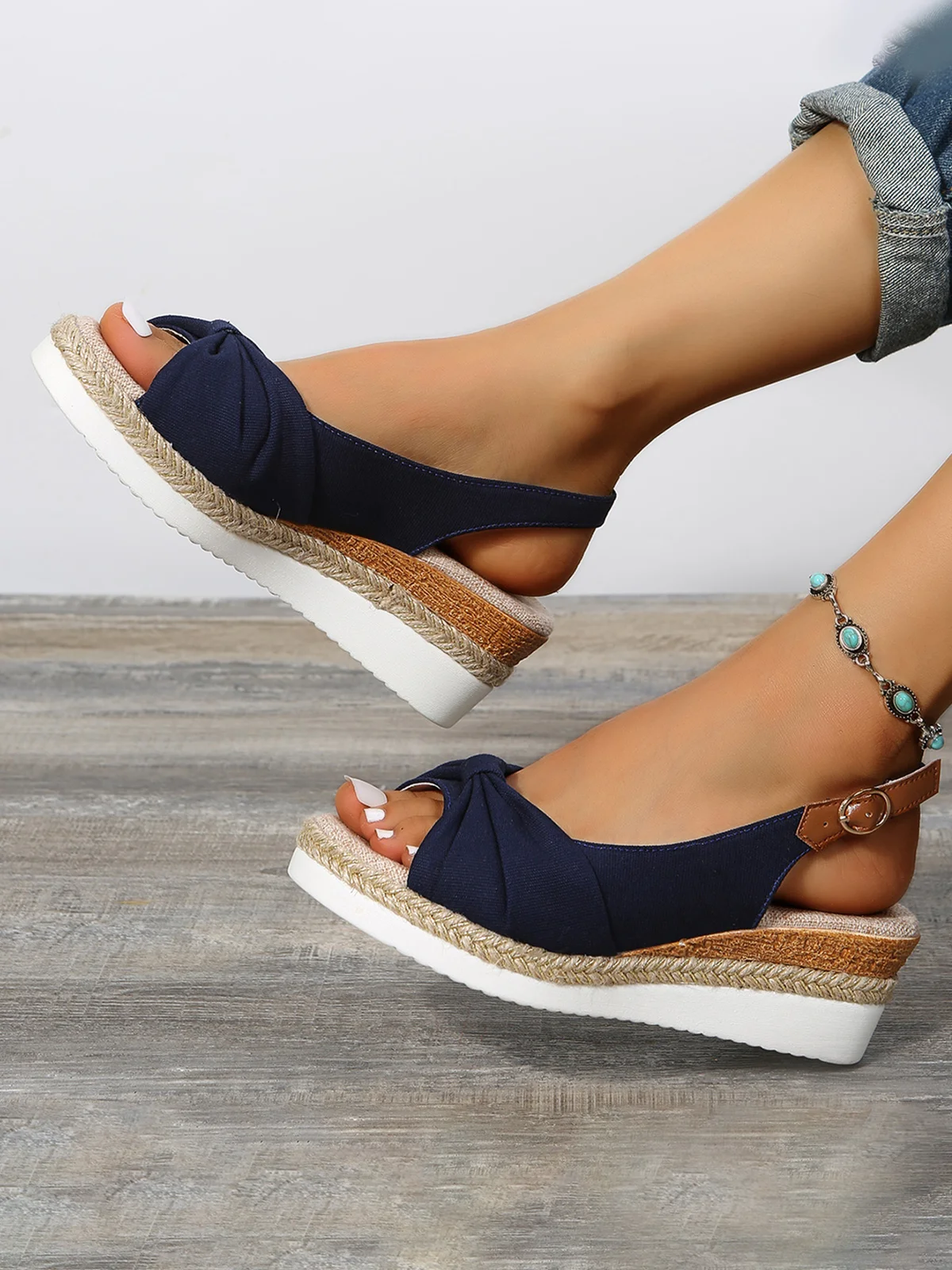 Women Summer Bow Weave Fish Mouth Non-Slip Block Heel Wedge Sandals