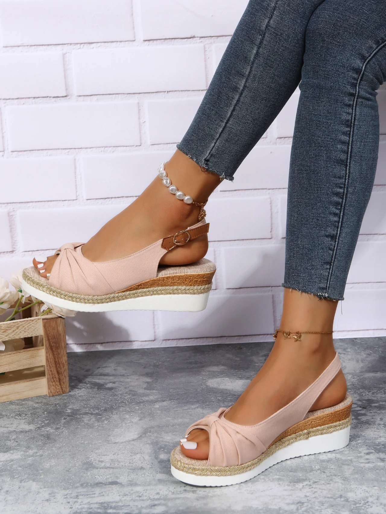 Women Summer Bow Weave Fish Mouth Non-Slip Block Heel Wedge Sandals