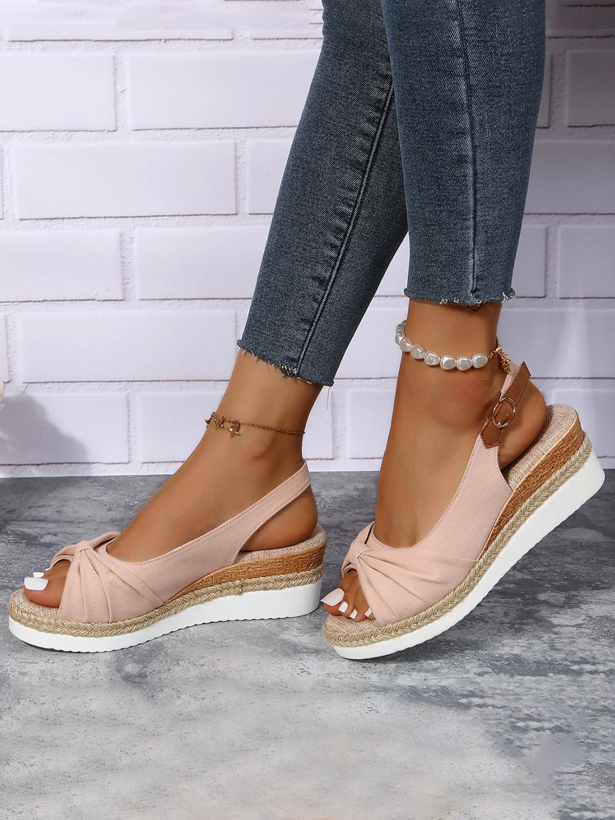 Women Summer Bow Weave Fish Mouth Non-Slip Block Heel Wedge Sandals
