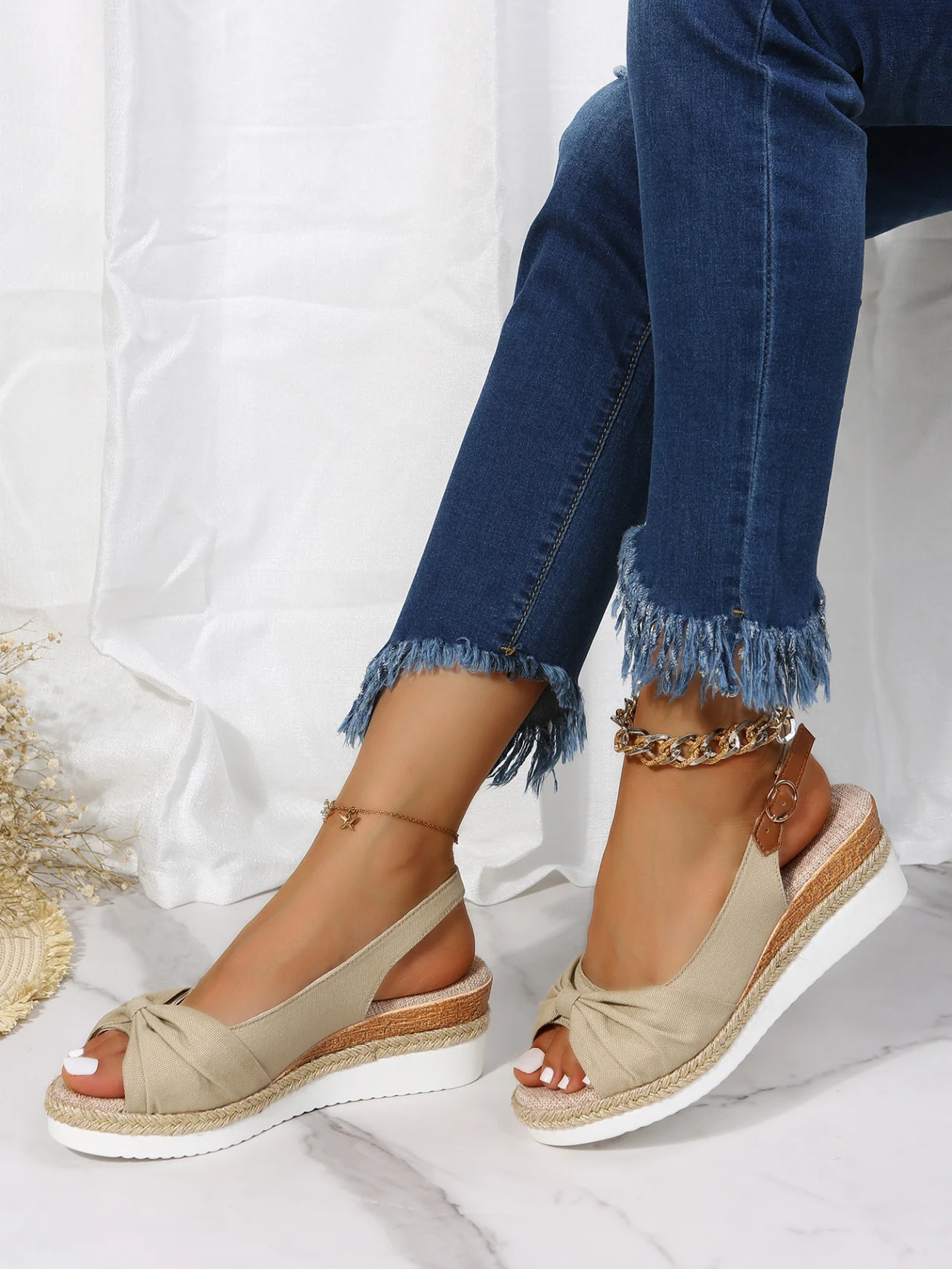 Women Summer Bow Weave Fish Mouth Non-Slip Block Heel Wedge Sandals