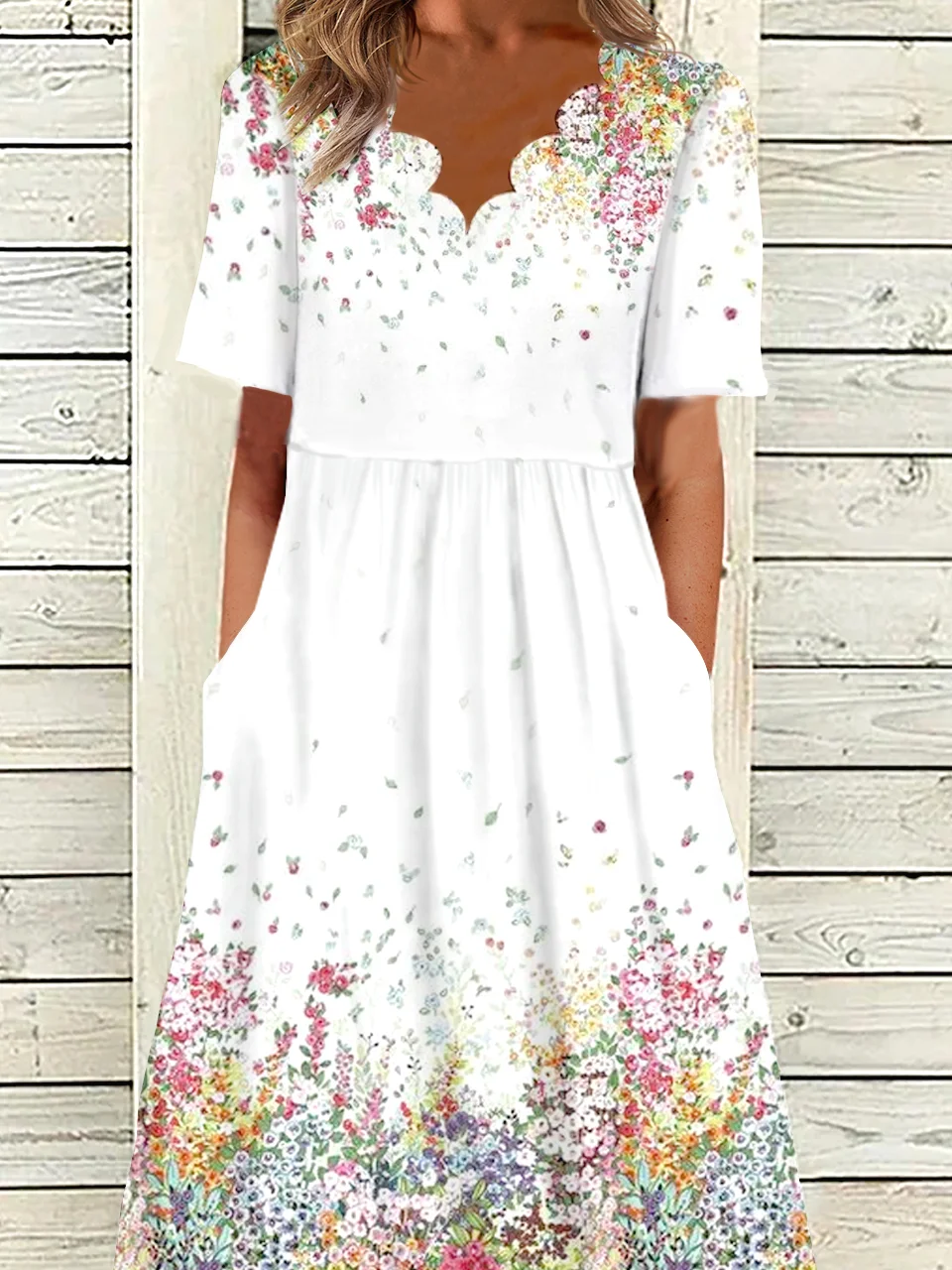 Women's A Line Dress Midi Dress White Short Sleeve Print Ruched Print Summer V Neck Elegant Modern Dress