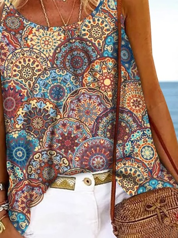 Geometric Tribal Floral Printed Vacation Boho Casual Loose Spaghetti Tank & Cami