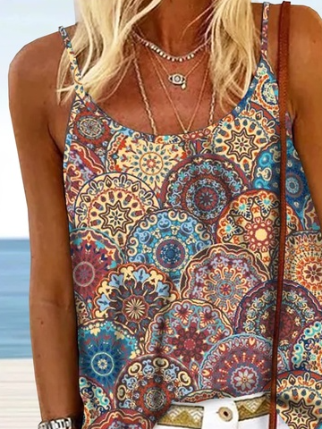 Geometric Tribal Floral Printed Vacation Boho Casual Loose Spaghetti Tank & Cami