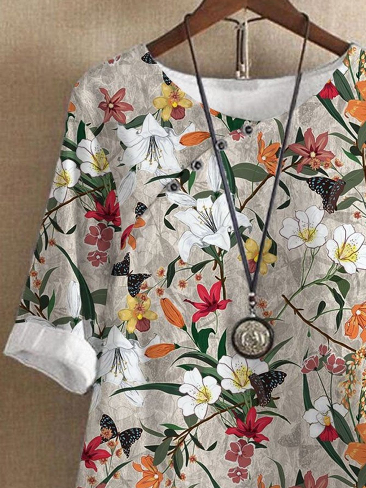 Crew Neck Three Quarter Sleeve Floral Pattern Buttoned Lightweight Loose Blouse For Women