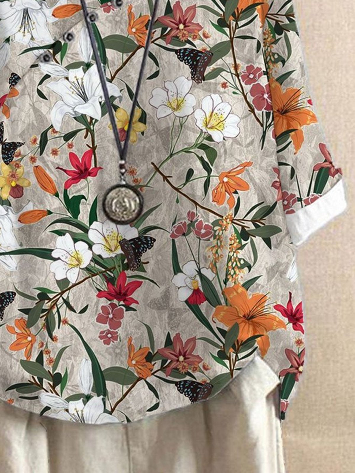 Crew Neck Three Quarter Sleeve Floral Pattern Buttoned Lightweight Loose Blouse For Women