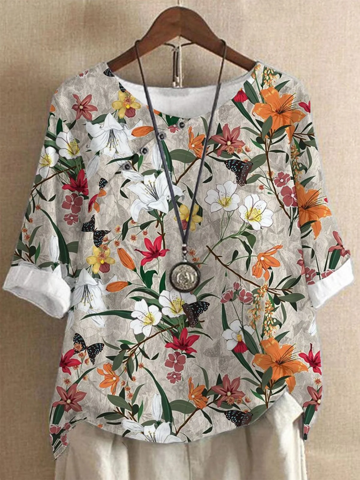 Crew Neck Three Quarter Sleeve Floral Pattern Buttoned Lightweight Loose Blouse For Women