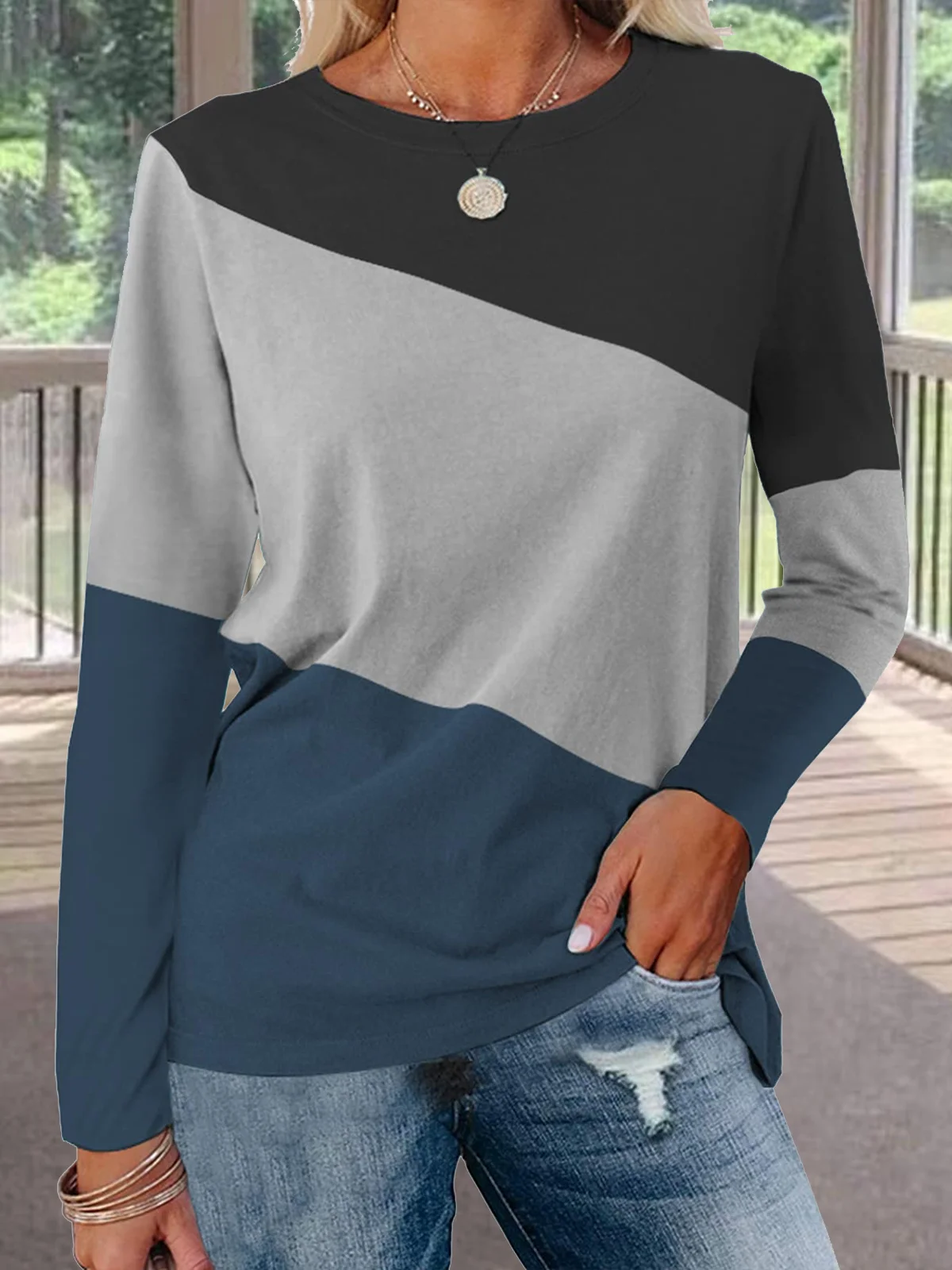 Casual Contrast Stitching Crew Neck Long Sleeve T-shirt