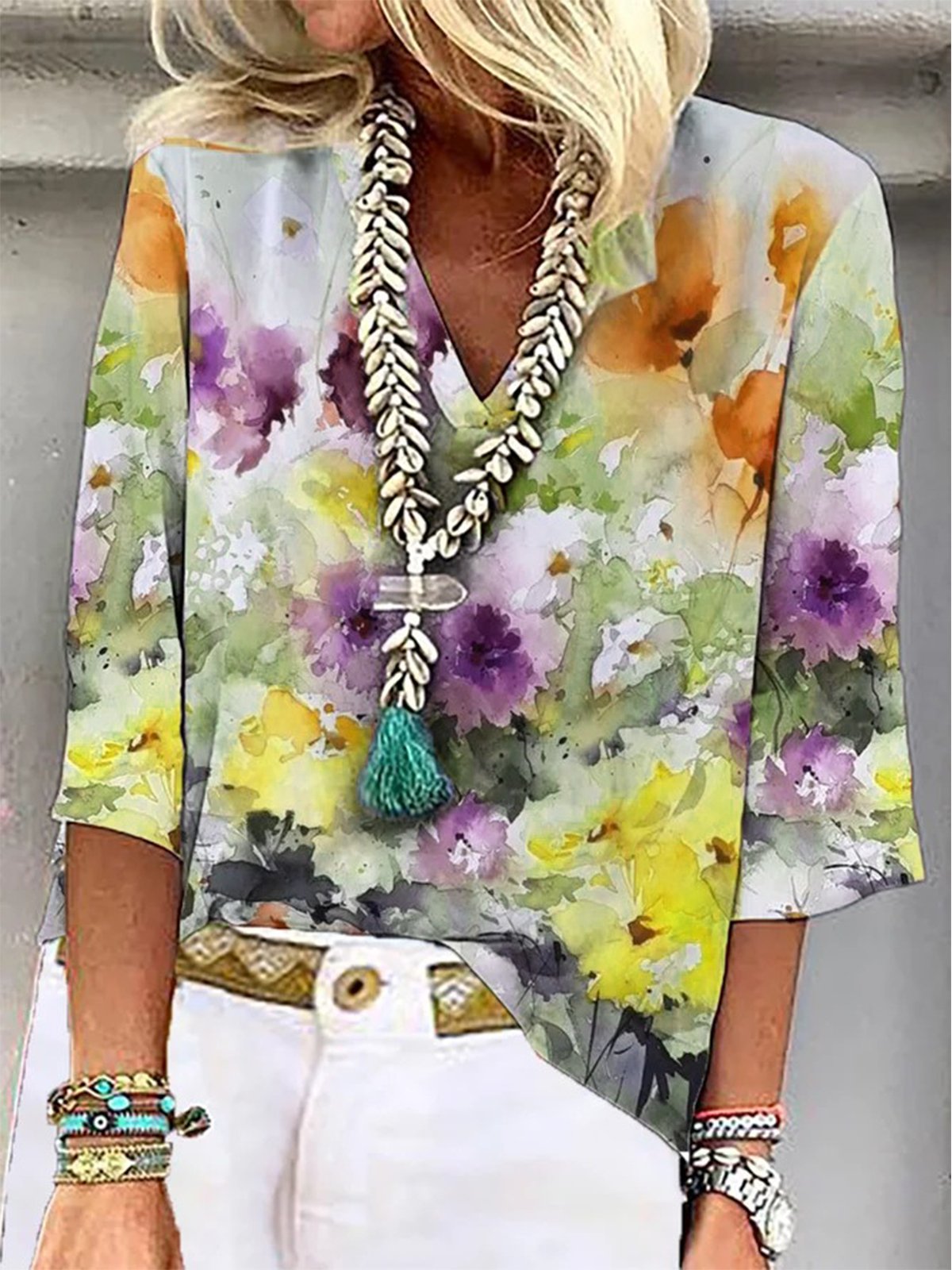 Casual Floral Loose V Neck Three Sleeve Quarter Top