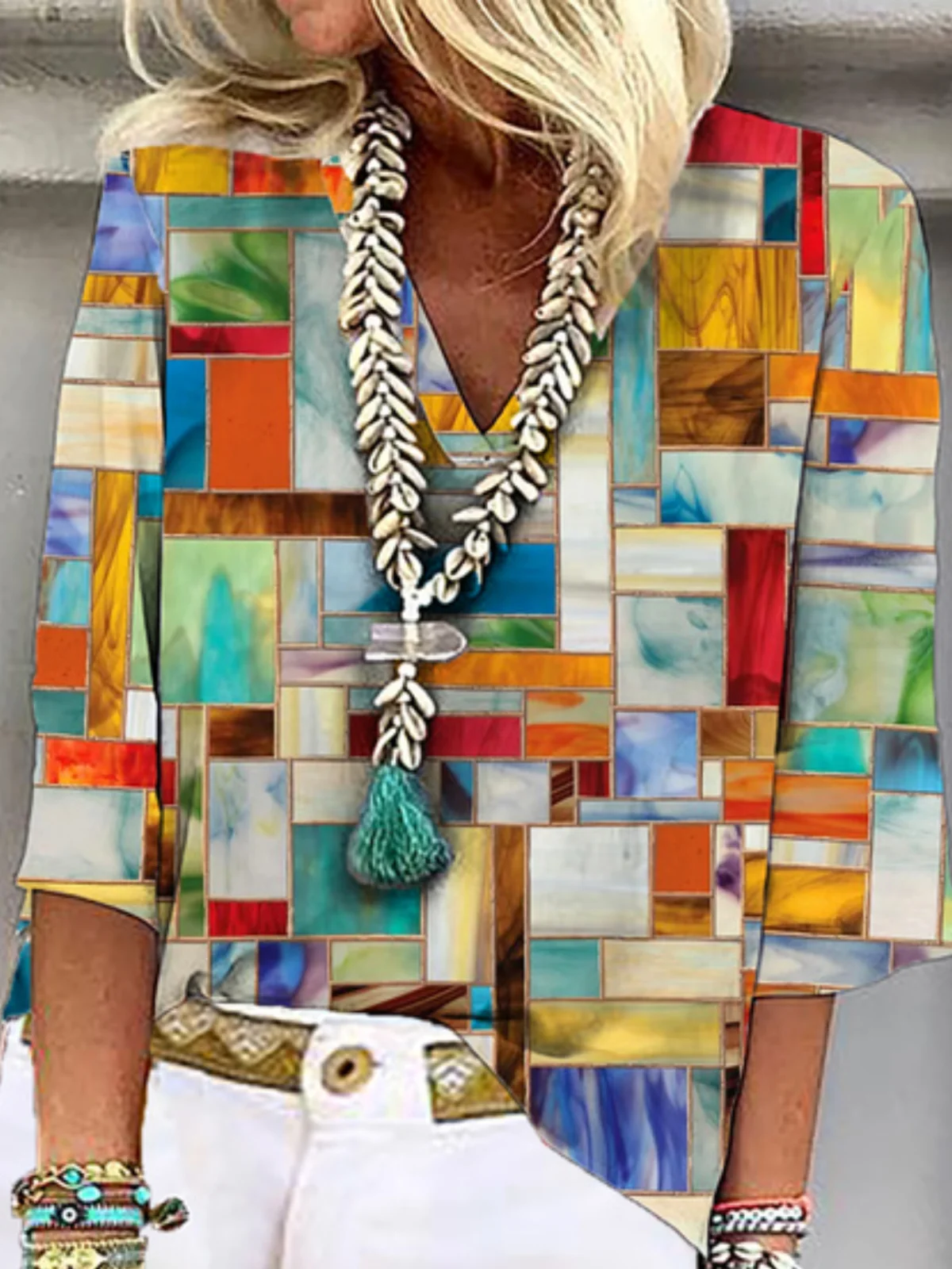 Casual Three Quarter Sleeve V Neck Printed Top