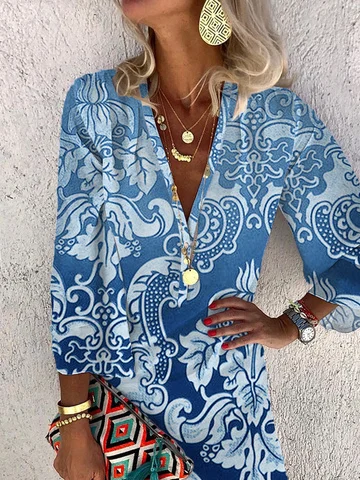 Women's Sundress Vacation Loose V Neck Long Sleeve Casual Midi Dress