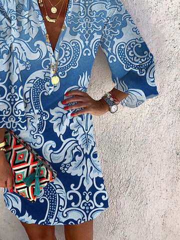 Women's Sundress Vacation Loose V Neck Long Sleeve Casual Midi Dress