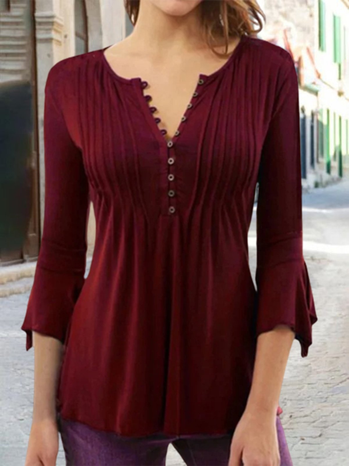 Crew Neck Three Quarter Sleeve Plain Lightweight Micro-Elasticity Regular Fit TUNIC Blouse For Women