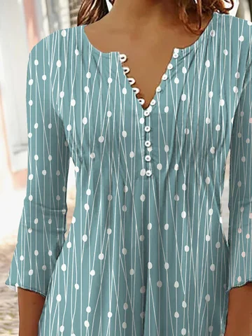 Women's Tunic Blouse V Neck Three Quarter Sleeve Polka Dot Printed Loose Shirt