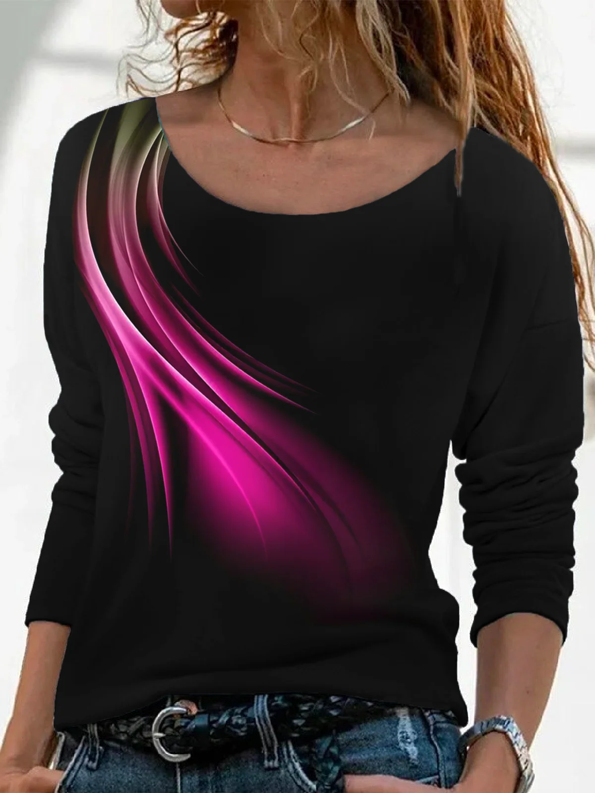 Casual Abstract Autumn Micro-Elasticity Jersey Long sleeve Crew Neck Regular H-Line T-shirt for Women