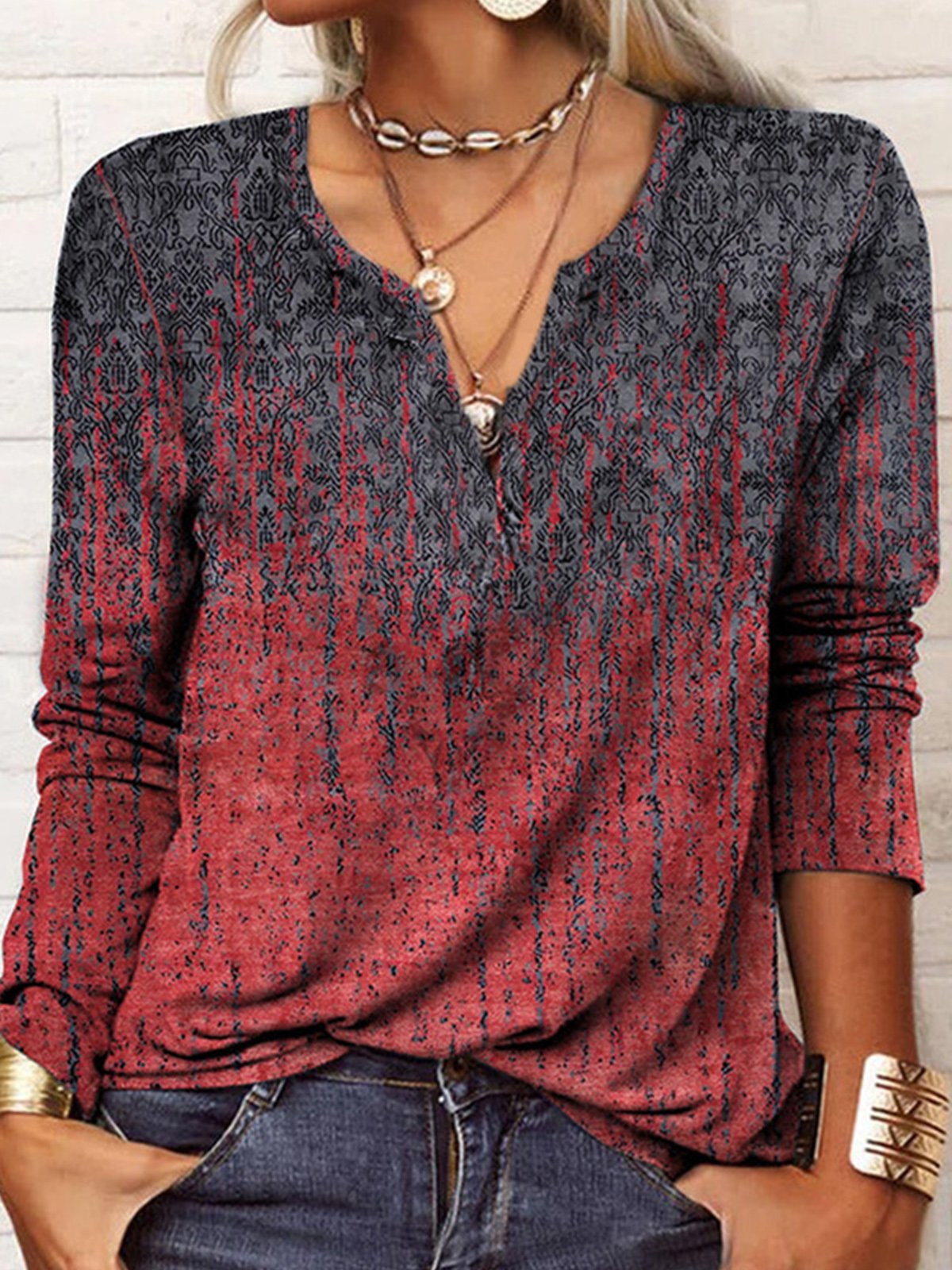 Vintage Ethnic V neck Daily Loose Jersey Best Sell Regular Tunic T-Shirt for Women