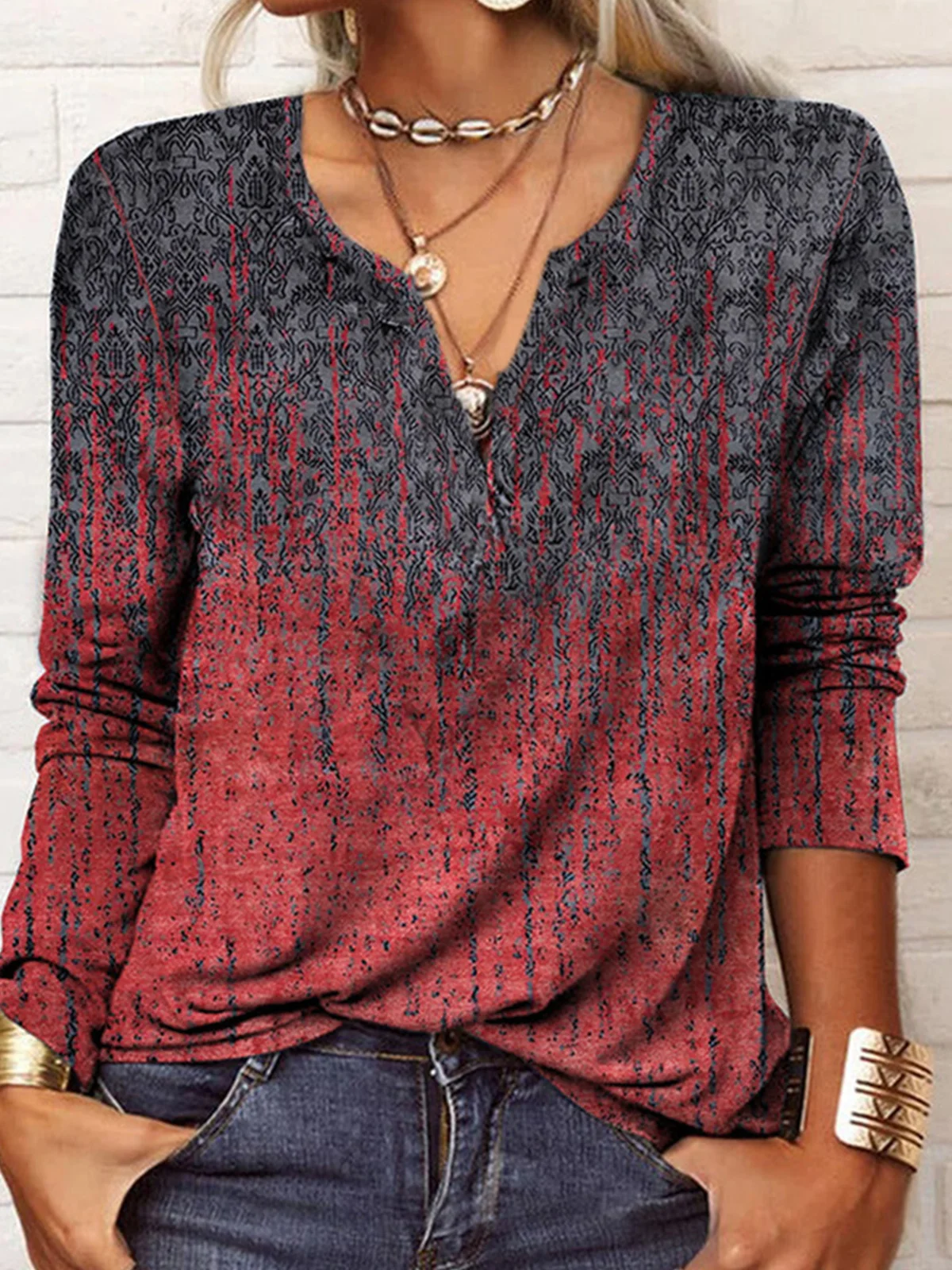 Vintage Ethnic V neck Daily Loose Jersey Best Sell Regular Tunic T-Shirt for Women