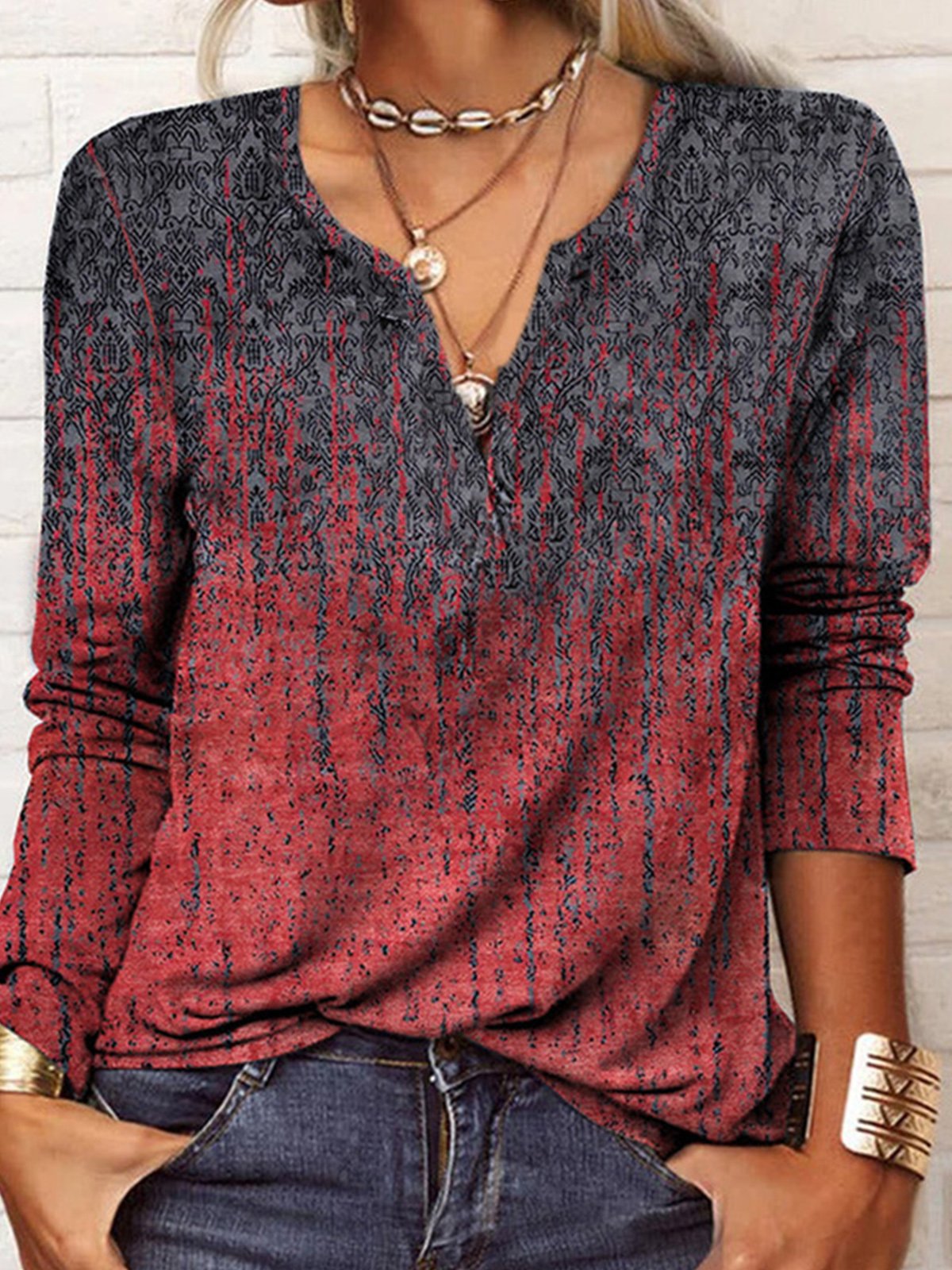 Vintage Ethnic V neck Daily Loose Jersey Best Sell Regular Tunic T-Shirt for Women