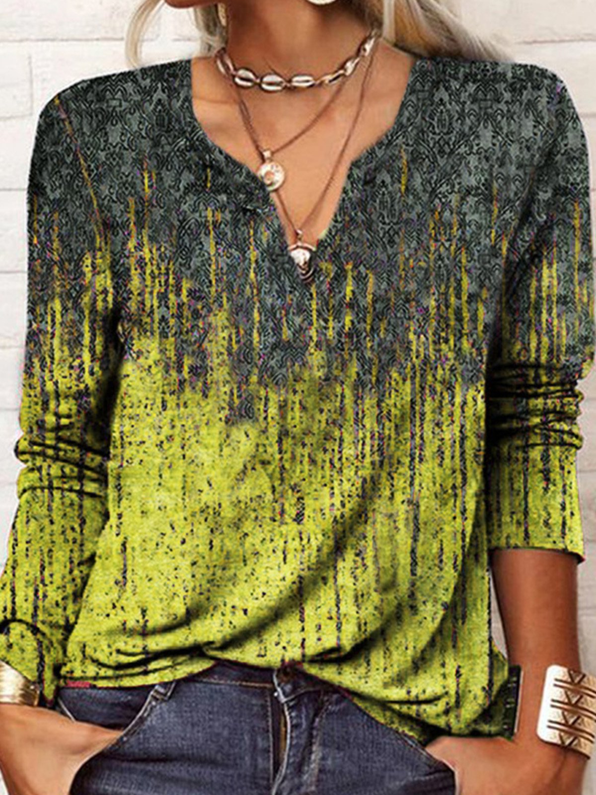 Vintage Ethnic V neck Daily Loose Jersey Best Sell Regular Tunic T-Shirt for Women