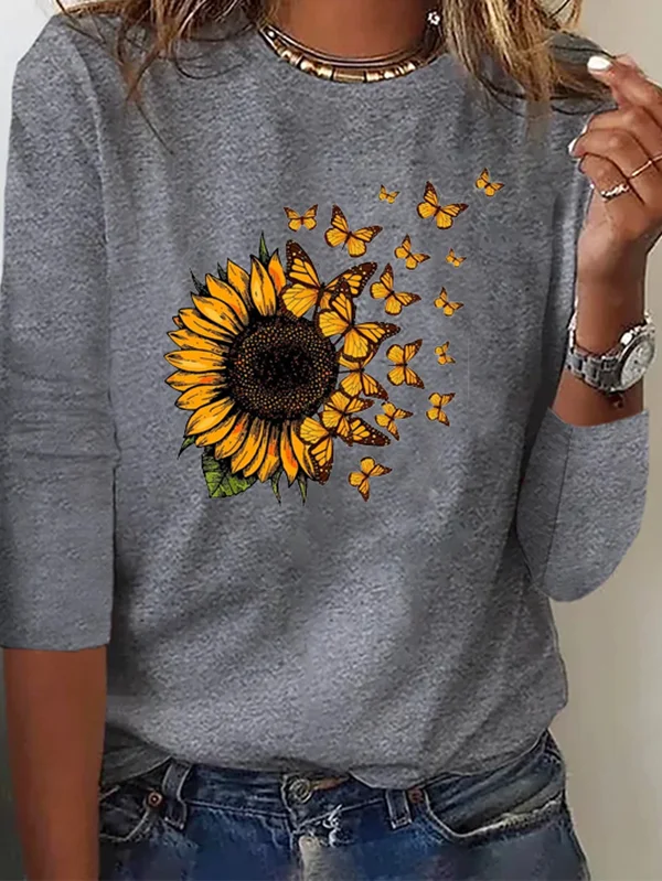 Sunflower Printed Long sleeve Crew Neck T-Shirt