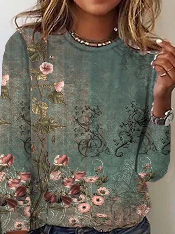 Casual Crew Neck Floral T-Shirt