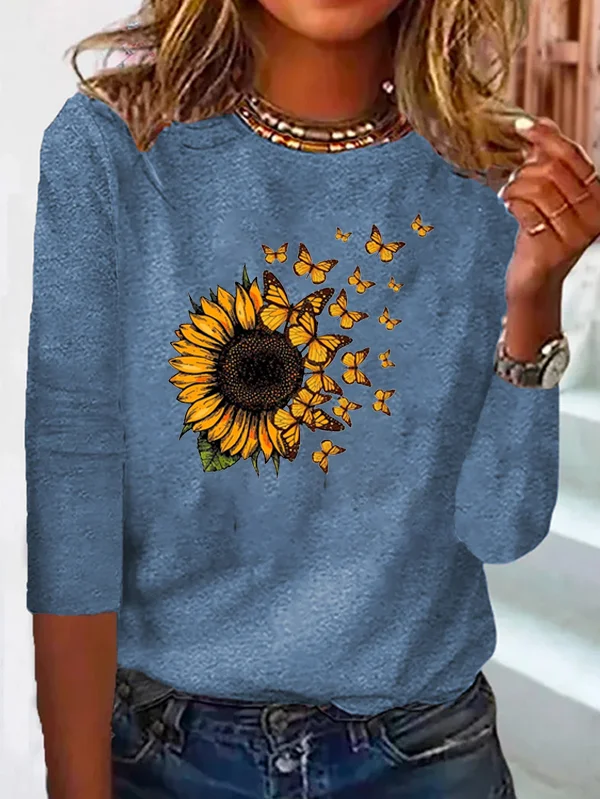 Sunflower Printed Long sleeve Crew Neck T-Shirt