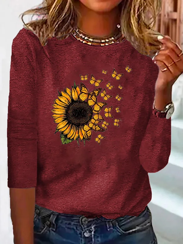 Sunflower Printed Long sleeve Crew Neck T-Shirt