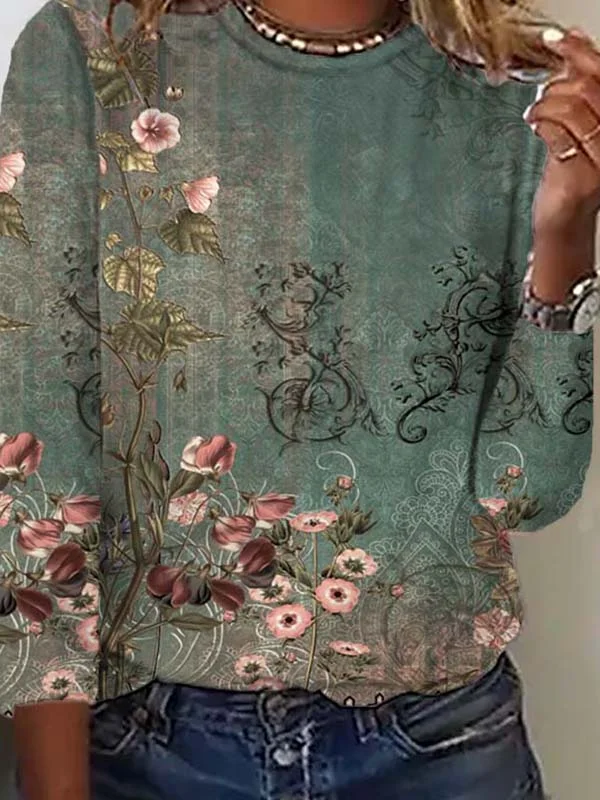 Casual Crew Neck Floral T-Shirt