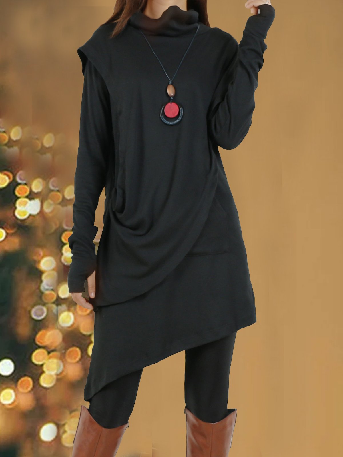 Women Plain Turtleneck Long Sleeve Comfy Casual Midi Dress