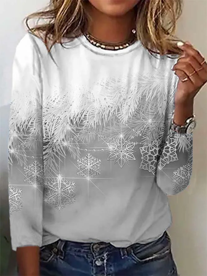 Casual Christmas Snowflake Print Long Sleeve T-Shirt