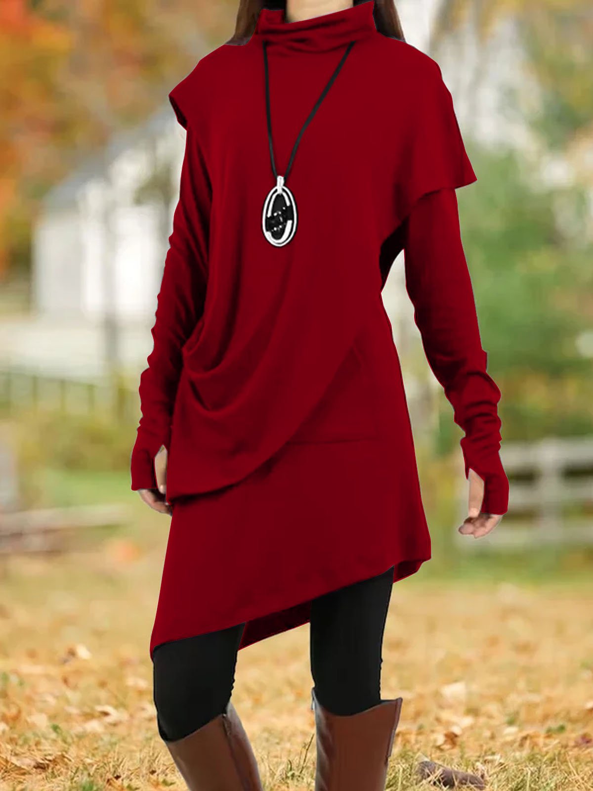 Women Plain Turtleneck Long Sleeve Comfy Casual Midi Dress