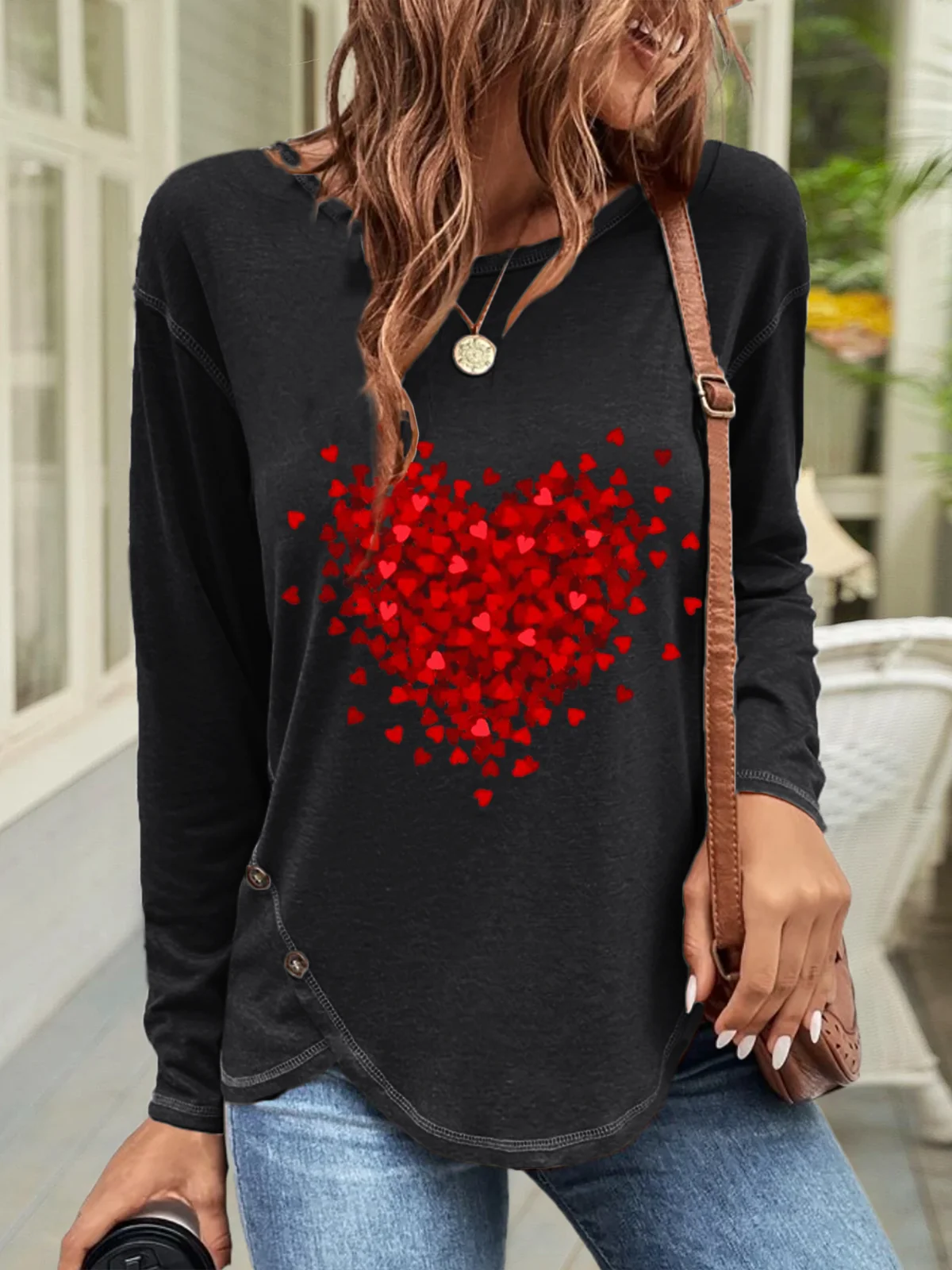 Casual Heart/Cordate Crew Neck Long Sleeve T-shirt