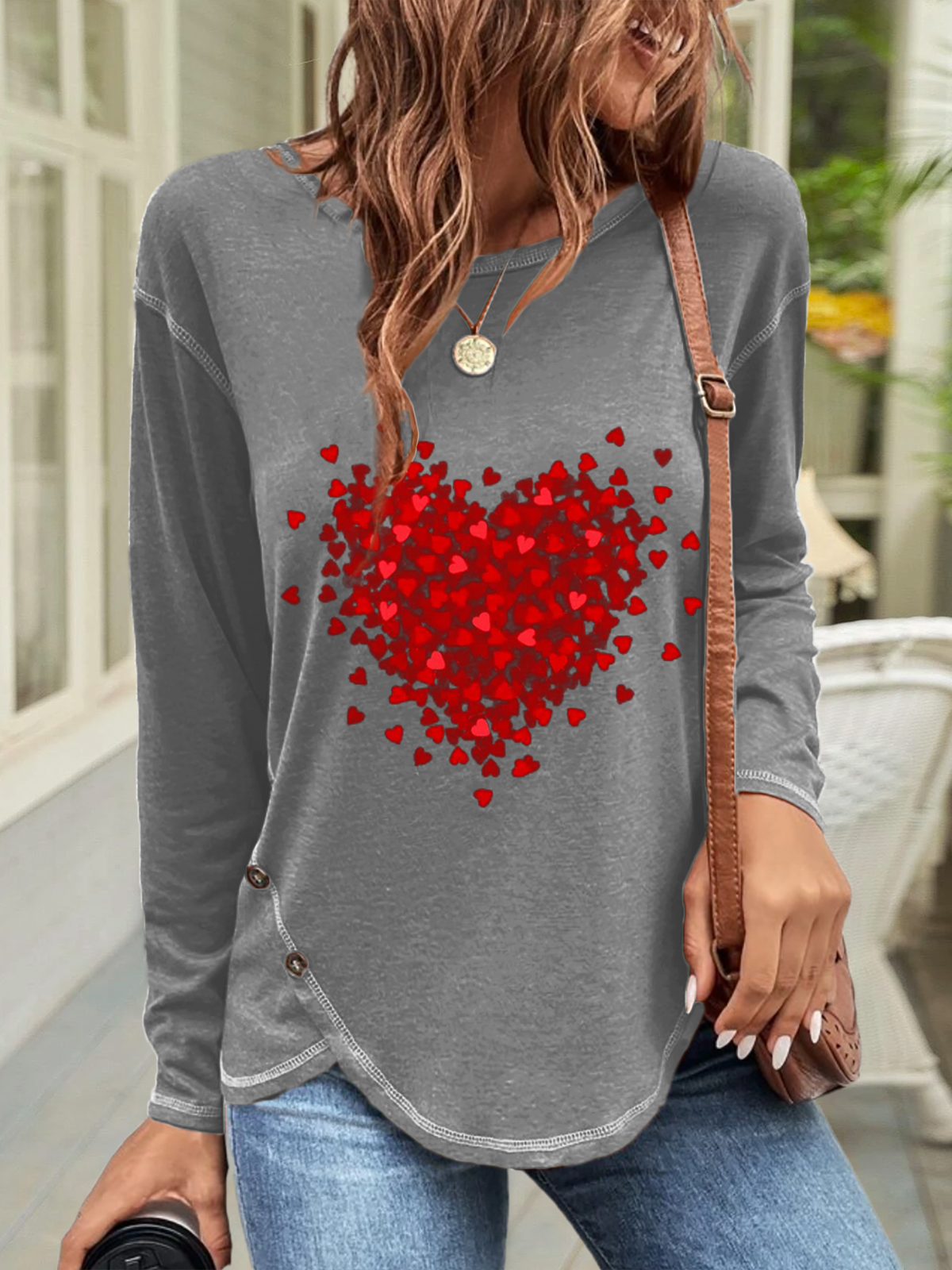 Casual Heart/Cordate Crew Neck Long Sleeve T-shirt
