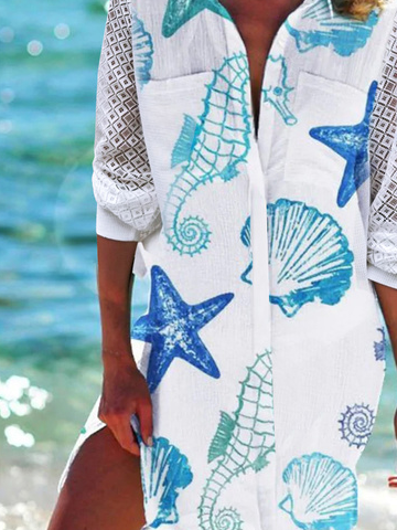 Women's Casual Marine Life Loose V neck Half Sleeve Dress