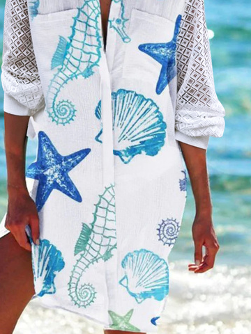 Women's Casual Marine Life Loose V neck Half Sleeve Dress