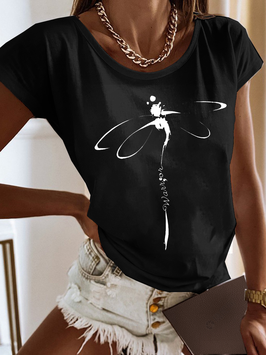 Casual Jersey Dragonfly Printed Loose T-Shirt