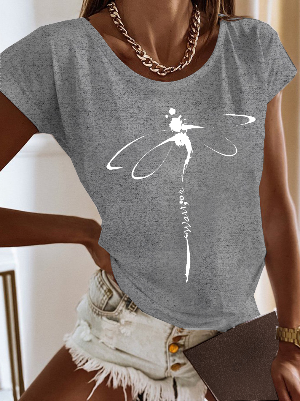 Casual Jersey Dragonfly Printed Loose T-Shirt