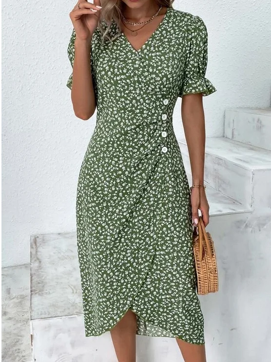 Women Vacation Floral Print V Neck Button Dress