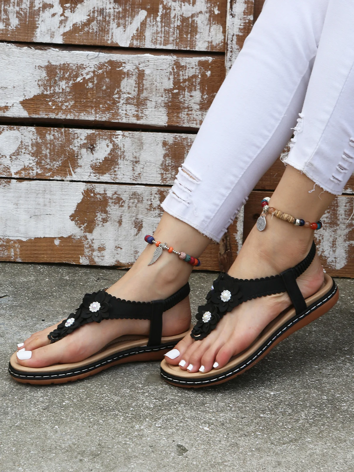 Applique Beaded Decor Comfy Sole Vacation Thong Sandals