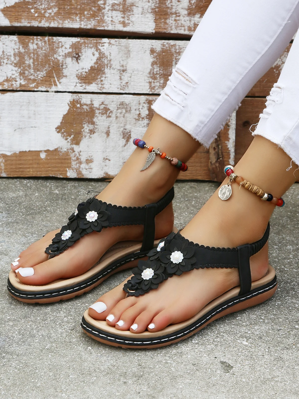 Applique Beaded Decor Comfy Sole Vacation Thong Sandals