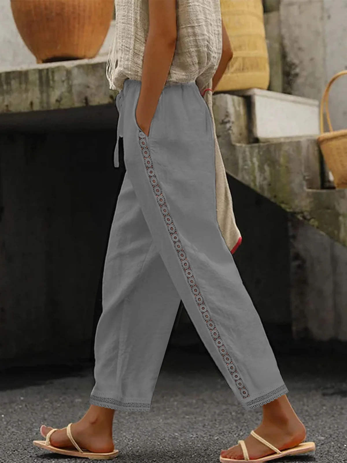 Casual Plain Lace Mesh Side Solid Drawstring Cotton Straight Cropped Pants