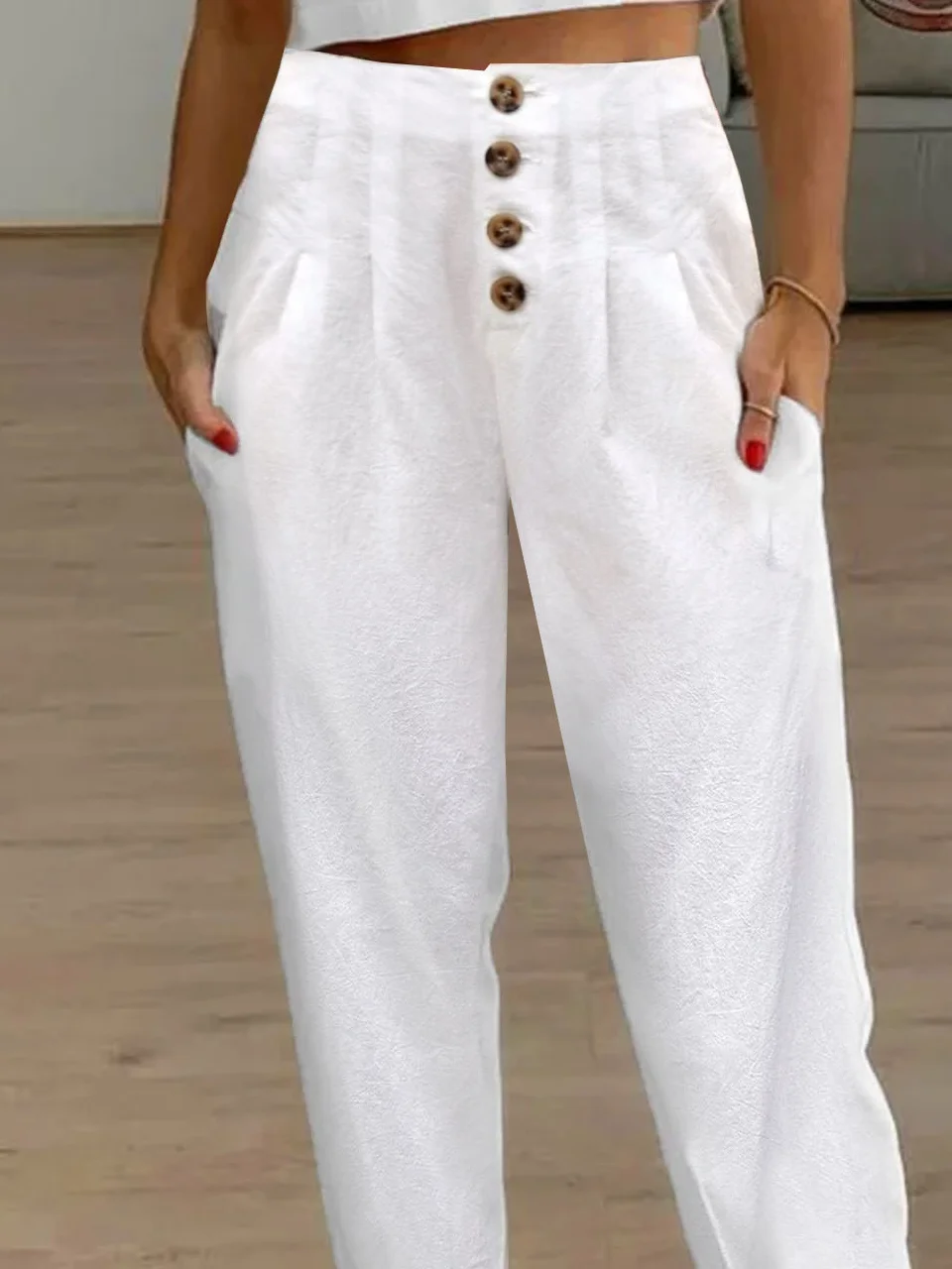 Women Buckle Cotton Casual Plain Mesh Lace Cropped Pants