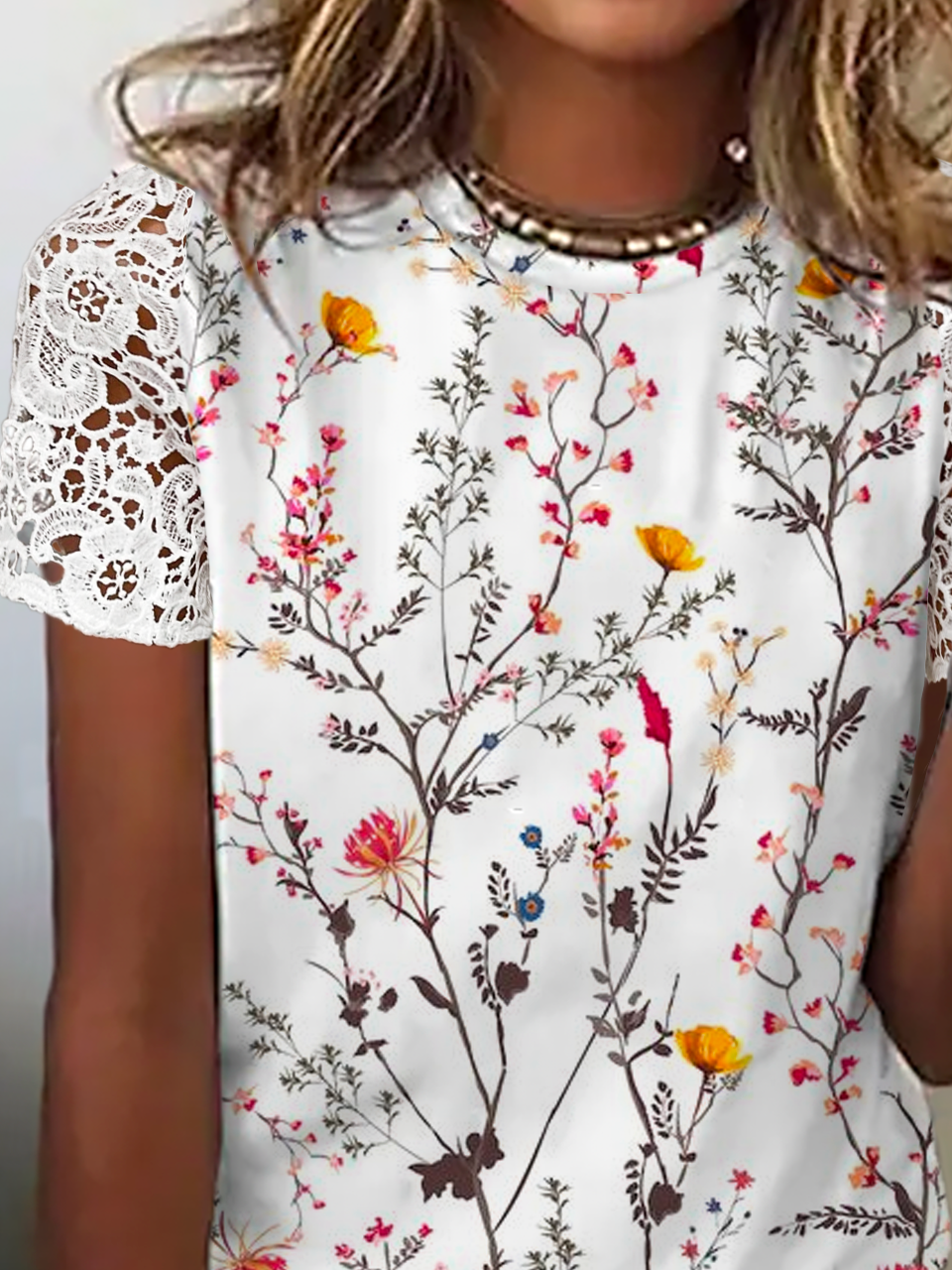 Lace Crew Neck Floral Casual Top