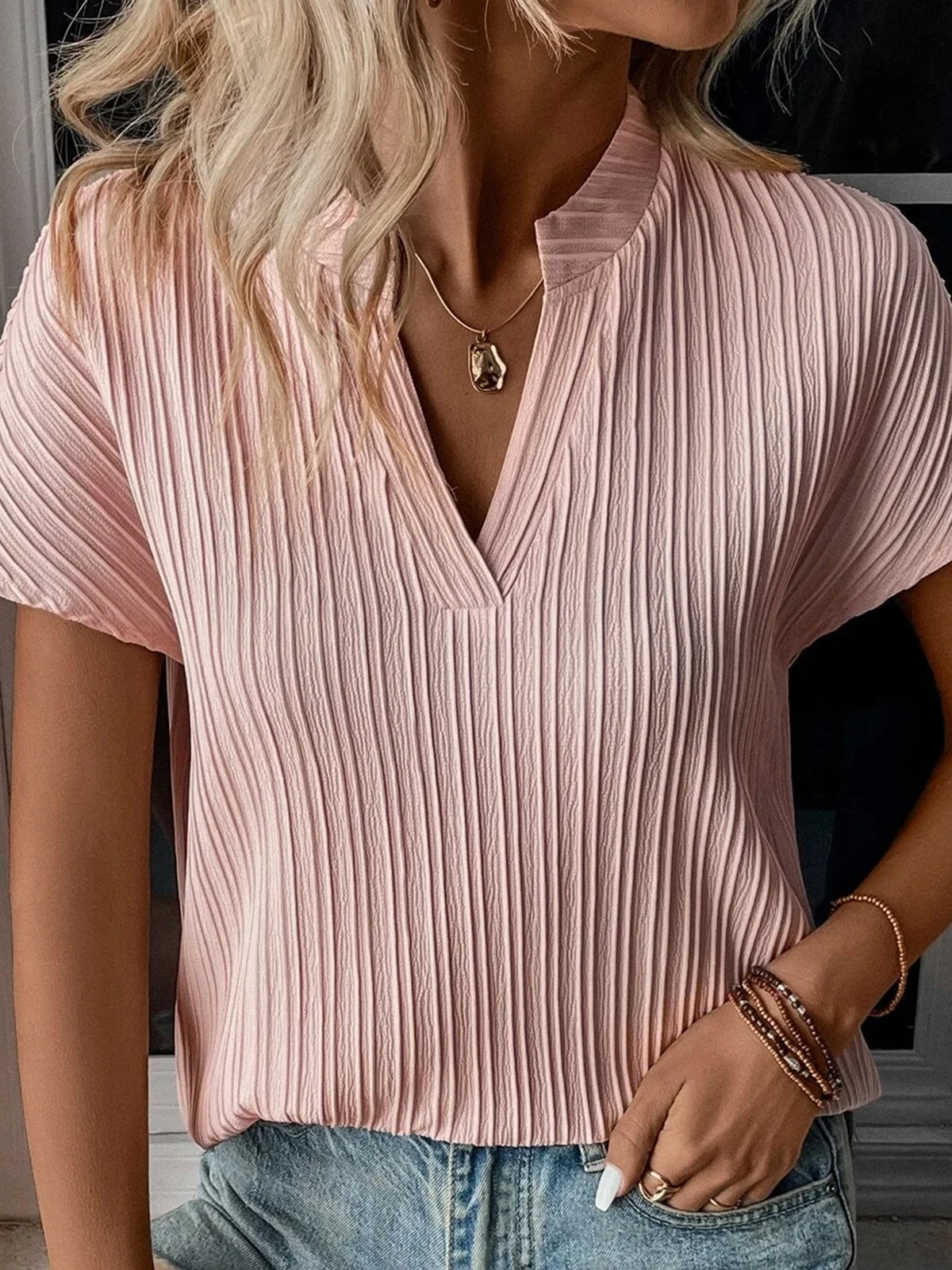 Loose Casual V Neck Plain Blouse