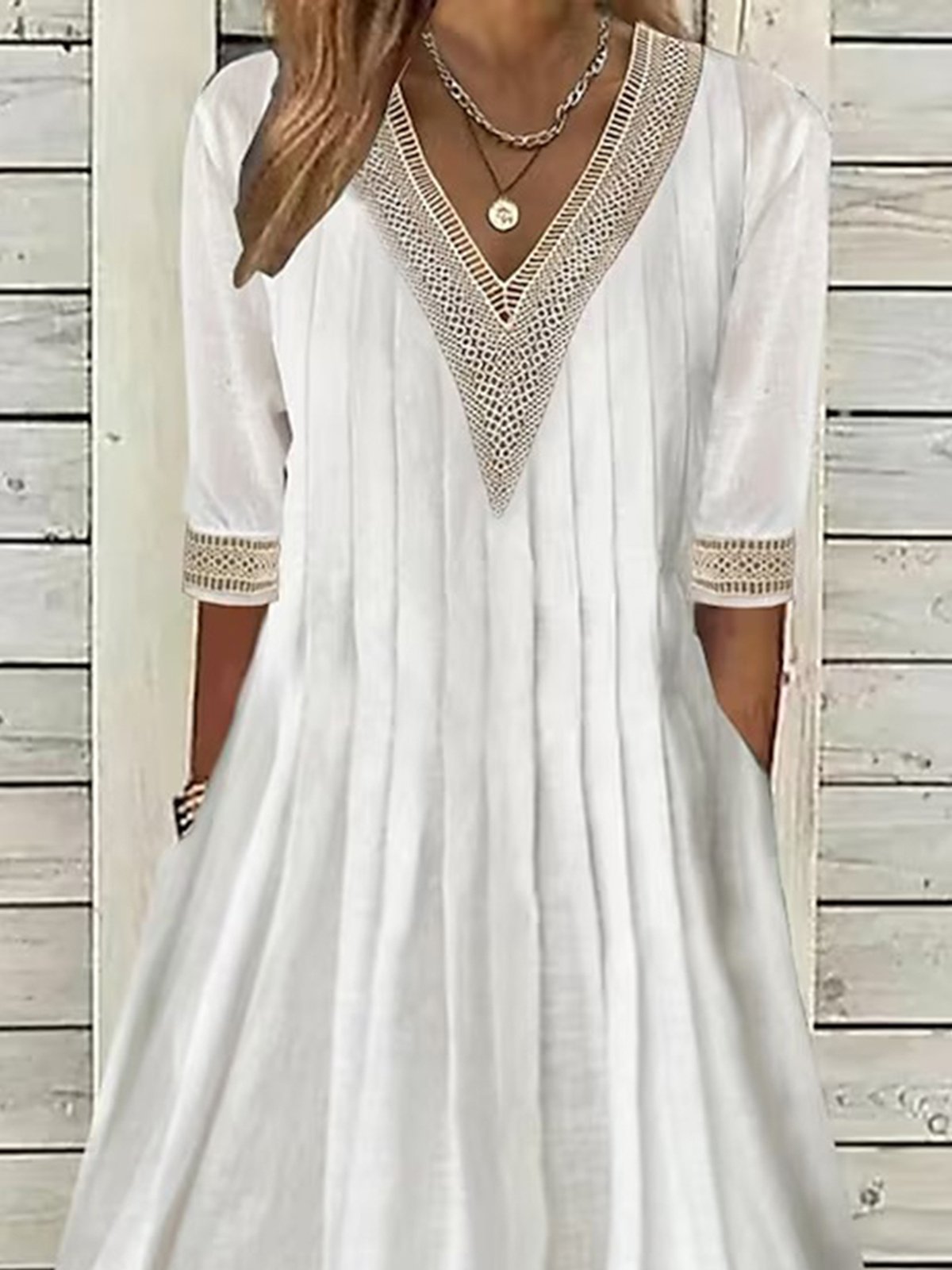 Lace Cotton And Linen Casual Plain Pockets Dress