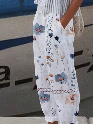 Casual Floral Print Straight Pant With Pockets