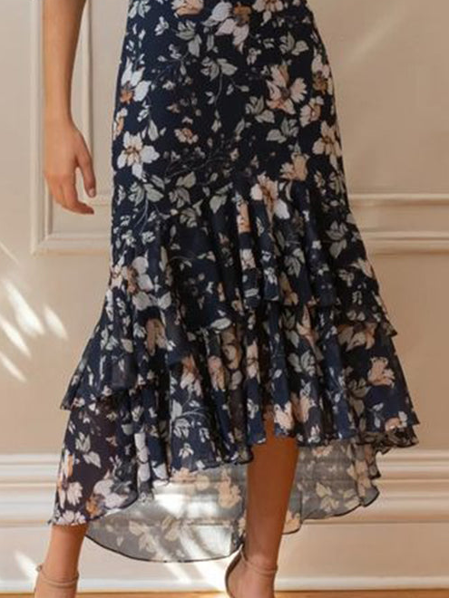 Floral Elegant Chiffon Flare Sleeve Dress