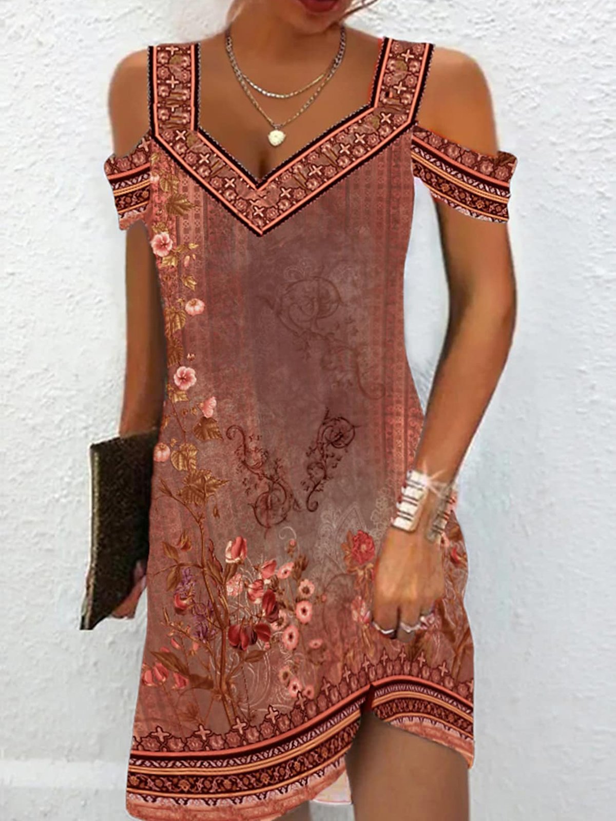 Women Mini Dress Floral V Neck Off Shoulder Loose Casual Short Dress