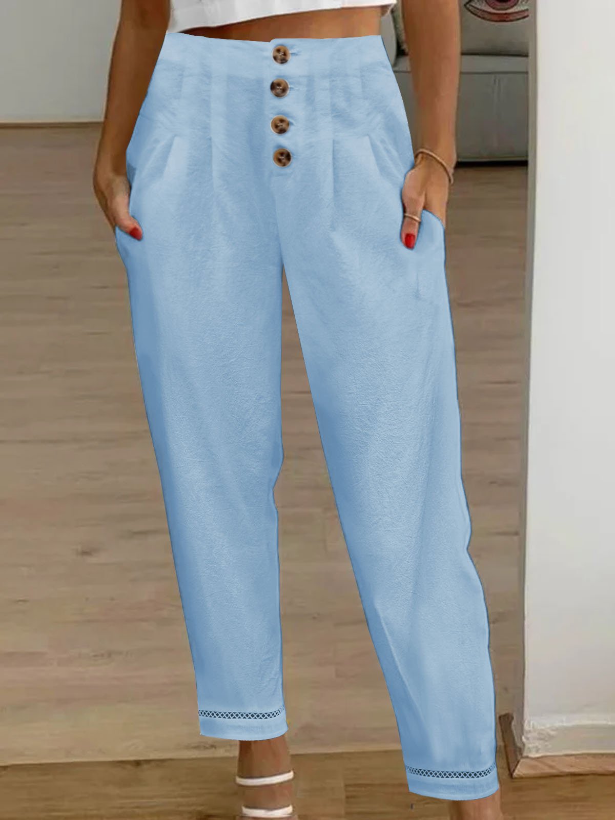 Women Buckle Cotton Casual Plain Mesh Lace Cropped Pants