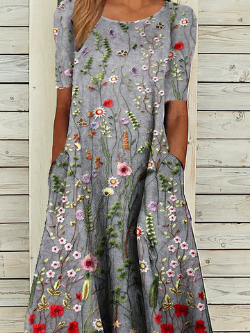 Women Loose Casual Floral Embroidery Printing Crew Neck Dress